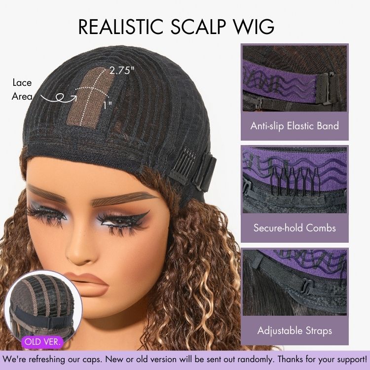 1 SEC INSTALL WIG | Brown Highlight Water Wave Natural Scalp Glueless Minimalist Lace Short Curly Wig with Bangs - Image 10