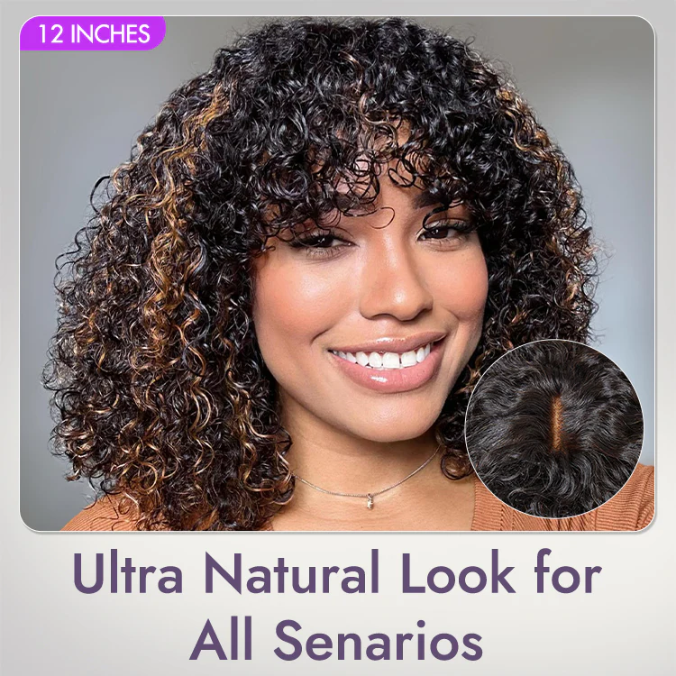 1 SEC INSTALL WIG | Brown Highlight Water Wave Natural Scalp Glueless Minimalist Lace Short Curly Wig with Bangs - Image 6