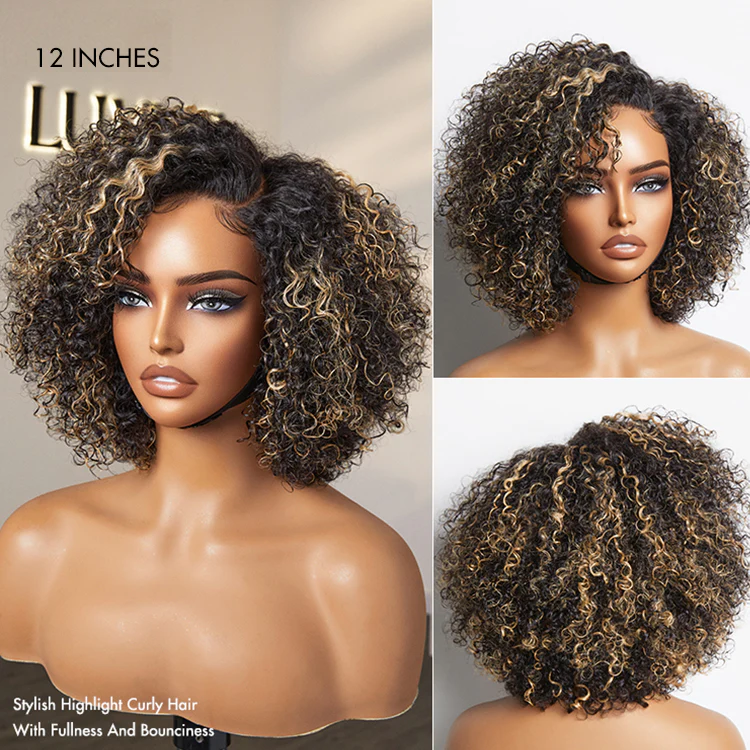 1 SEC INSTALL WIG | Honey Blonde Highlight / Natural Black Kinky Curly Glueless Minimalist HD Lace Classic Short Wig Pre-Cut Lace - Image 11