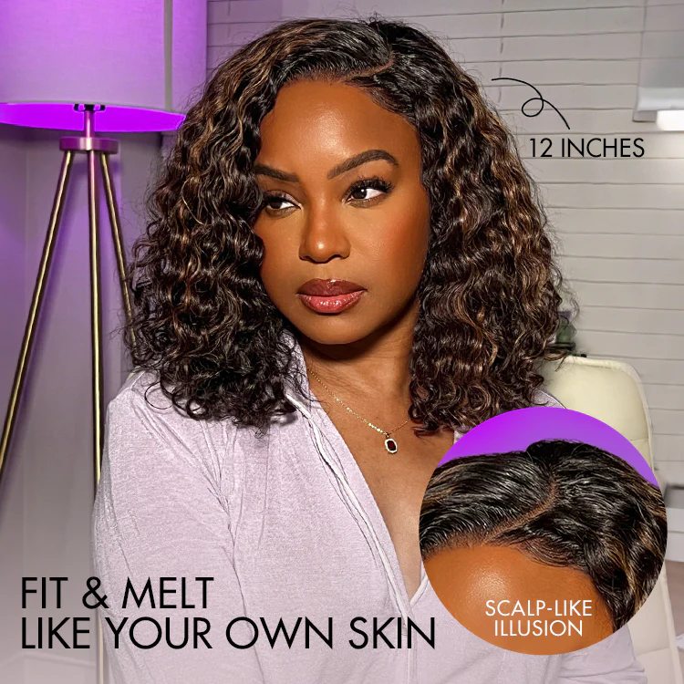 Blonde Highlight Short Curly Glueless Minimalist HD Lace Human Hair Wig - Image 5