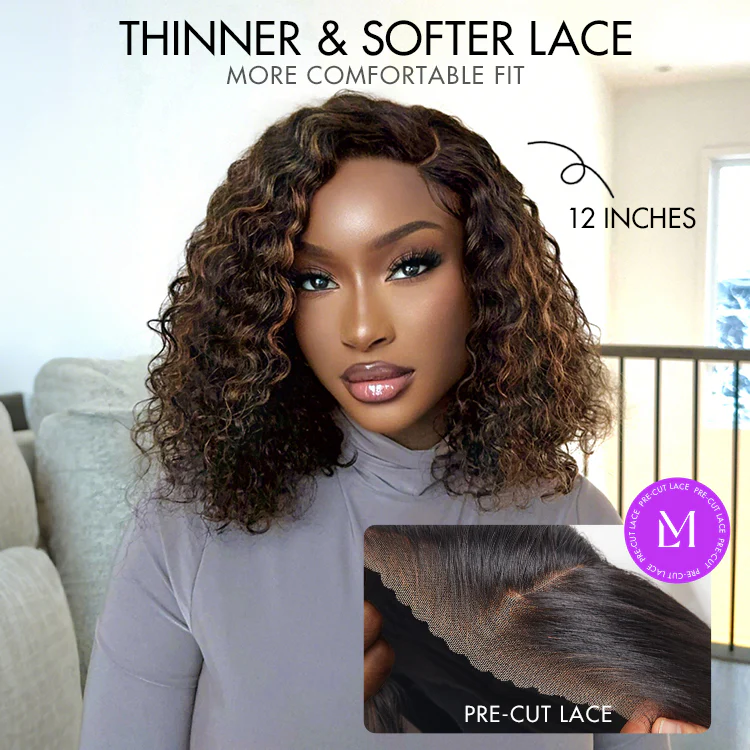 Blonde Highlight Short Curly Glueless Minimalist HD Lace Human Hair Wig - Image 7