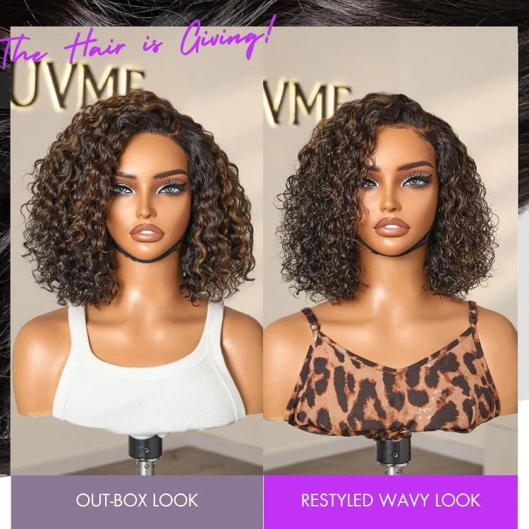 Blonde Highlight Short Curly Glueless Minimalist HD Lace Human Hair Wig - Image 9