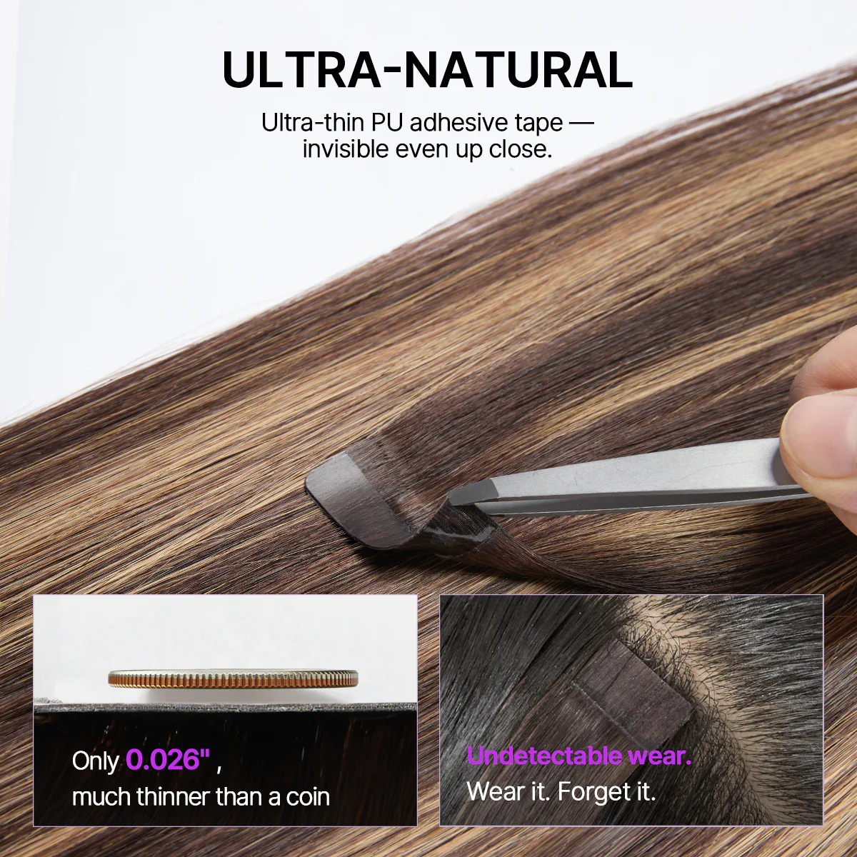 Chocolate Caramel Highlight Tape In Hair Extensions Human Hair 20pcs 50g Silky Straight Invisible Double Sided Tape Extensions - US Only - Image 3