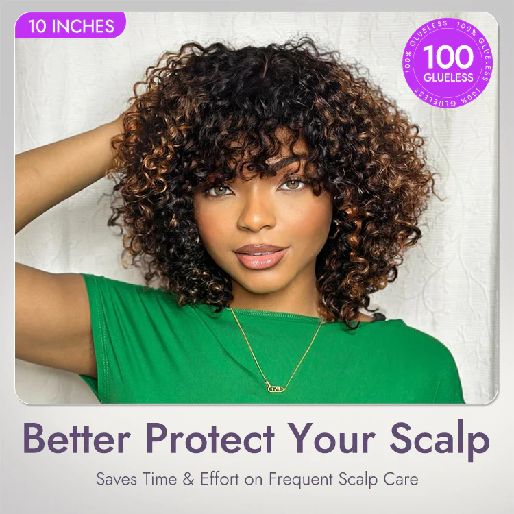 Weekly Special | 1 SEC INSTALL WIG | Brown Highlight Water Wave Natural Scalp Glueless Minimalist Lace Short Curly Wig with Bangs - Image 5
