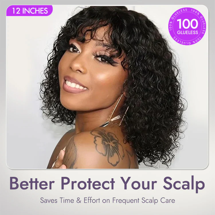 Weekly Special | 1 SEC INSTALL WIG | Brown Highlight Water Wave Natural Scalp Glueless Minimalist Lace Short Curly Wig with Bangs - Image 9