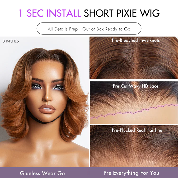 Exclusive Sale | 1 SEC INSTALL WIG | Elegant Boss Vibe Short Pixie Cut Natural Black / Ombre Brown Glueless Minimalist HD Lace Wig Pre Cut Lace - Image 5