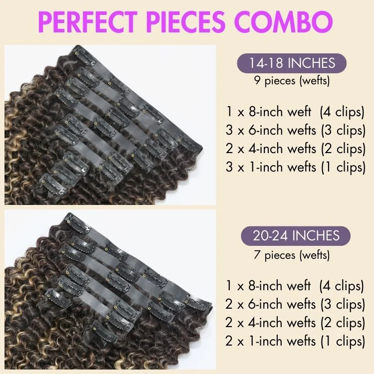 Highlights Silky Straight / Kinky Curly / Deep Wave Clip in Extensions Human Hair 135g 9pcs / 7pcs with Free Gift - Image 14