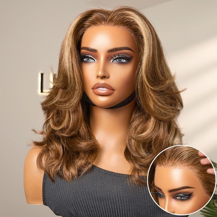 PreMax Wigs - Honey Brown with Blonde Highlights / Natural Black Bouncy Body Wave Glueless 13x4 Frontal Lace Human Hair Wig - Image 14