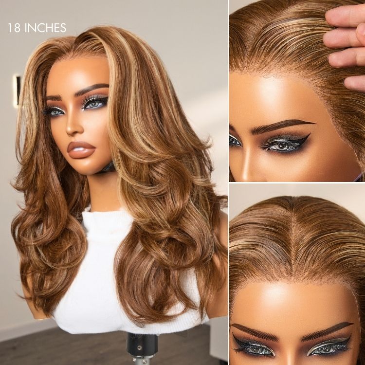 PreMax Wigs - Honey Brown with Blonde Highlights / Natural Black Bouncy Body Wave Glueless 13x4 Frontal Lace Human Hair Wig - Image 15