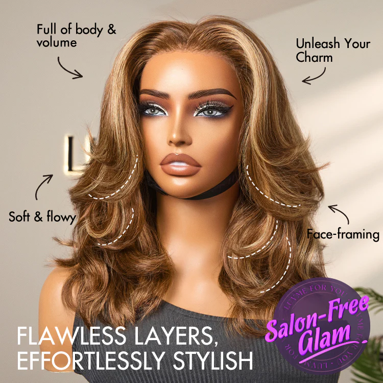 PreMax Wigs - Honey Brown with Blonde Highlights / Natural Black Bouncy Body Wave Glueless 13x4 Frontal Lace Human Hair Wig - Image 17