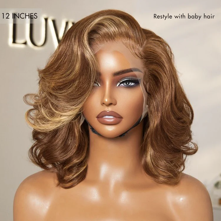PreMax Wigs - Honey Brown with Blonde Highlights / Natural Black Bouncy Body Wave Glueless 13x4 Frontal Lace Human Hair Wig - Image 9