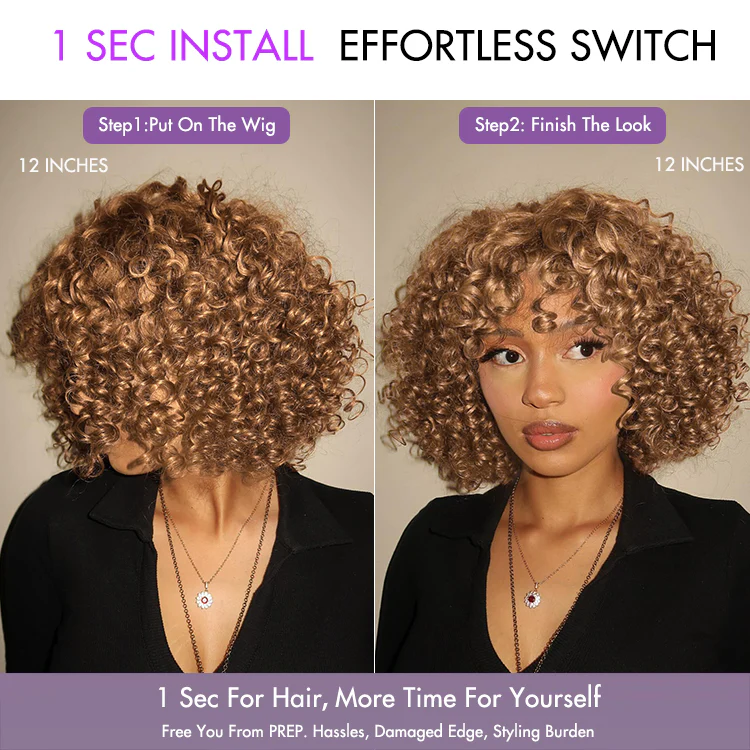 Lightweight Sun-kissed Vibe Blonde Short Cut Water Wave Glueless Minimalist Lace Curly Wig with Bangs - Image 3