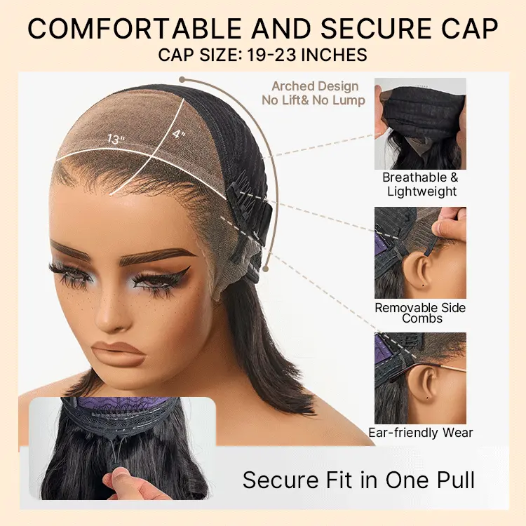 NatureMAX™ Silky Blunt Cut Bob Glueless Ear-to-ear 13x4 HD Lace Front Wig Pre-Cut Lace Flexi-Fit Drawstring Cap - Image 5