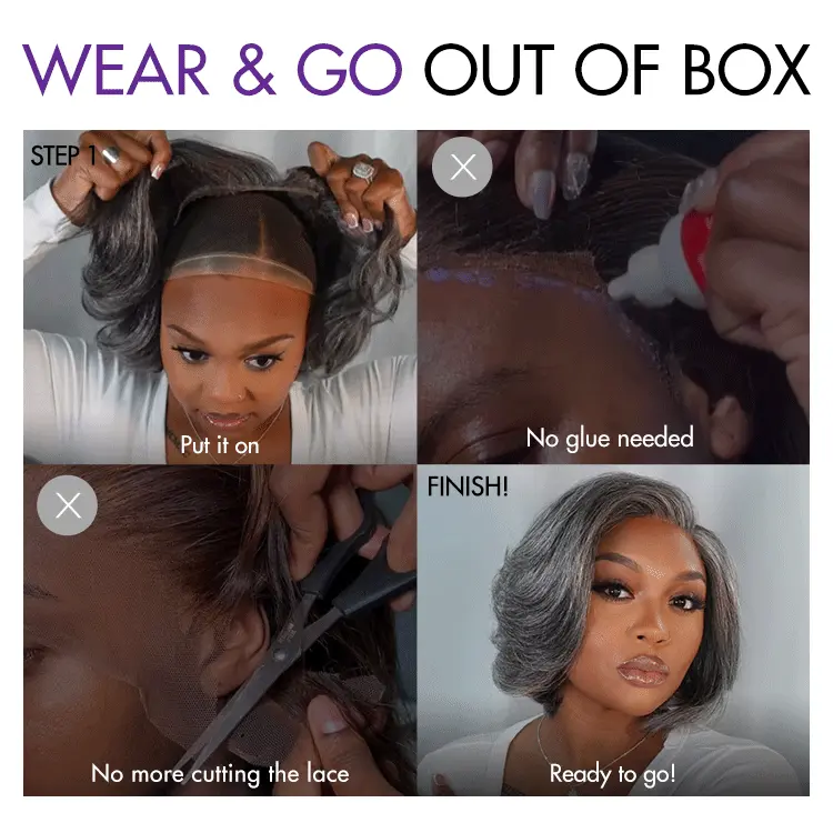 New Customers Only | Boss Vibe Salt & Pepper Layered Bob / Body Wave Glueless Pre-Cut Minimalist Lace Grey Wig - Image 14