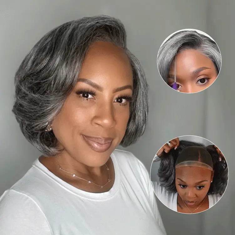 New Customers Only | Boss Vibe Salt & Pepper Layered Bob / Body Wave Glueless Pre-Cut Minimalist Lace Grey Wig - Image 17