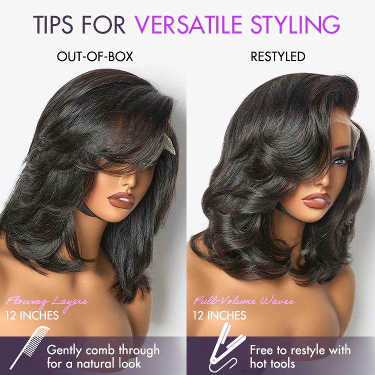 New Customers Only | Effortlessly Chic Layered Haircut Wavy Glueless HD Minimalist Lace Short Wig - Image 9