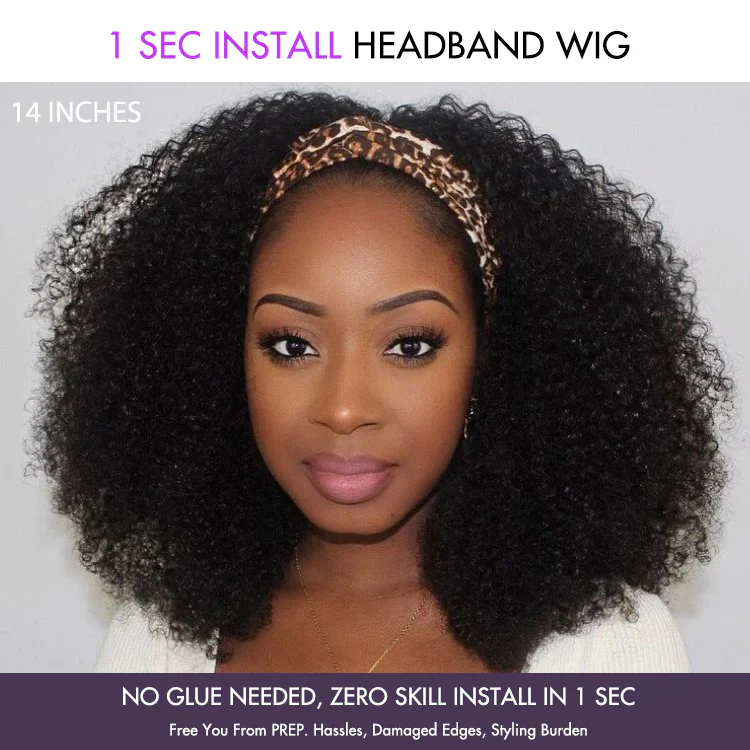 New Customers Only | Natural Black Jerry Curly No Lace Glueless Free Part Long Headband Wig 100% Human Hair (Get Free Trendy Headbands) - Image 4