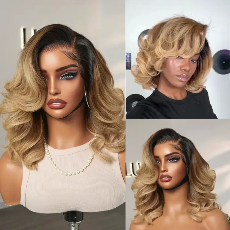 New Customers Only | PreMax Wigs - Honey Blonde Highlight / Natural Black / Ombre Blonde Bouncy Body Wave Glueless 13x4 Frontal Lace Human Hair Wig - Image 11