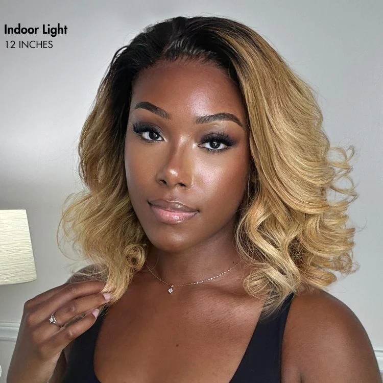 New Customers Only | PreMax Wigs - Honey Blonde Highlight / Natural Black / Ombre Blonde Bouncy Body Wave Glueless 13x4 Frontal Lace Human Hair Wig - Image 12