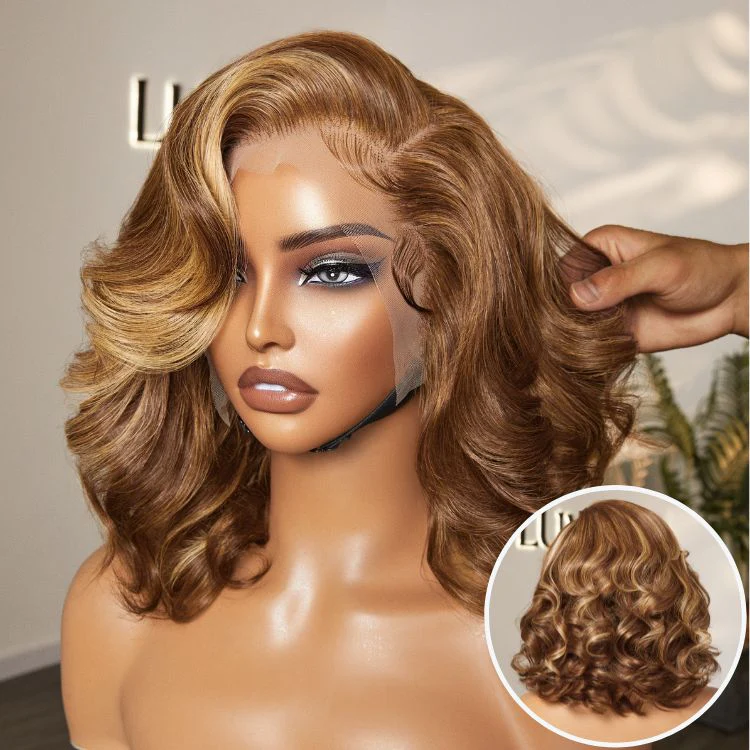 New Customers Only | PreMax Wigs - Honey Blonde Highlight / Natural Black / Ombre Blonde Bouncy Body Wave Glueless 13x4 Frontal Lace Human Hair Wig - Image 16