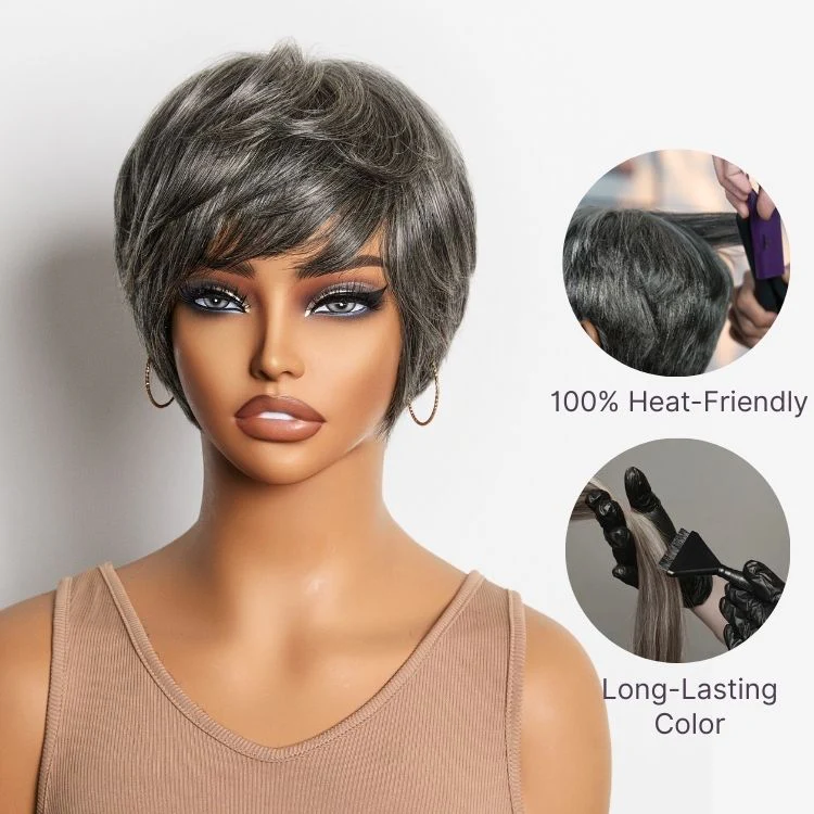 New Customers Only | Throw On & Go Salt & Pepper Short Pixie Cut Glueless Wig with Bangs 100% Human Hair Ultra Comfort Cotton Cap Hair Loss Friendly - Image 3