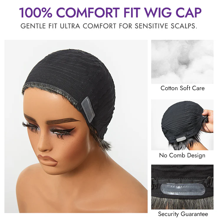 New Customers Only | Throw On & Go Salt & Pepper Short Pixie Cut Glueless Wig with Bangs 100% Human Hair Ultra Comfort Cotton Cap Hair Loss Friendly - Image 5