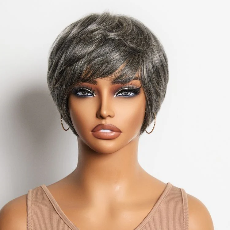 New Customers Only | Throw On & Go Salt & Pepper Short Pixie Cut Glueless Wig with Bangs 100% Human Hair Ultra Comfort Cotton Cap Hair Loss Friendly - Image 7