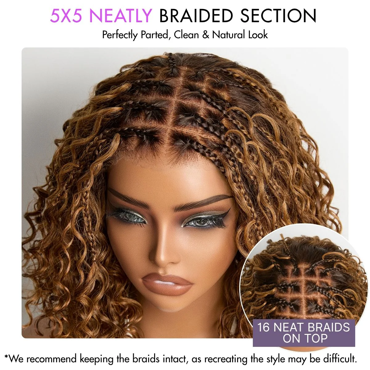 Readitress™ Ombre Brown Highlight Boho Braids Deep Curly Glueless 5x5 Closure Lace with Braided Top Human Hair Wig Pre-Cut Lace - Image 5