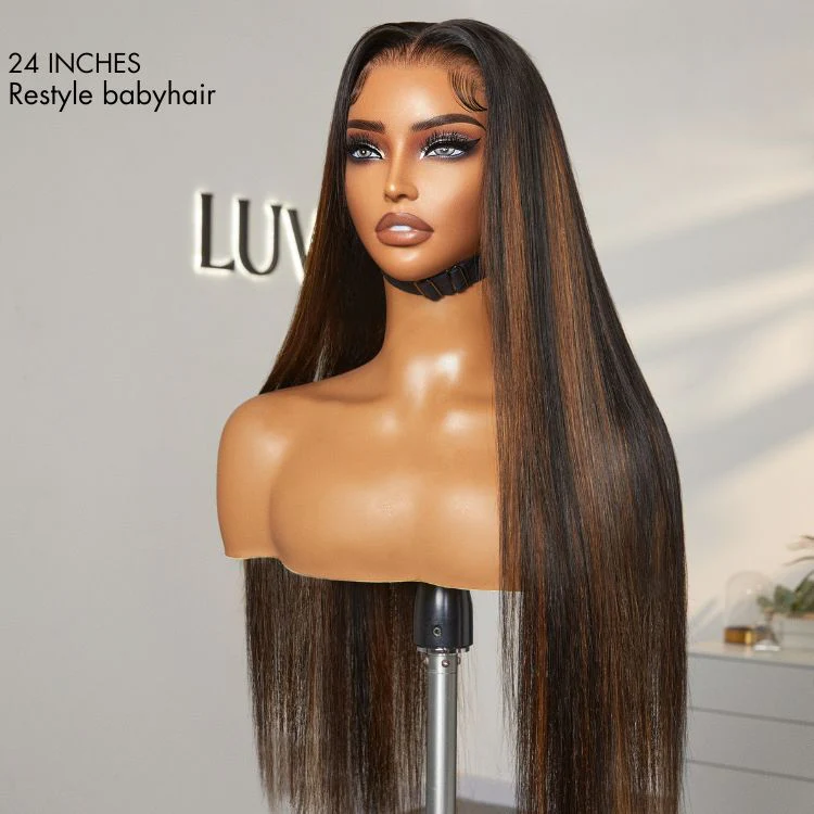 PreMax Wigs | Ultra Natural Hairline Brown Highlight Silky Straight Glueless 13x4 Frontal Lace Long Wig Pre-Cut Lace - Image 7