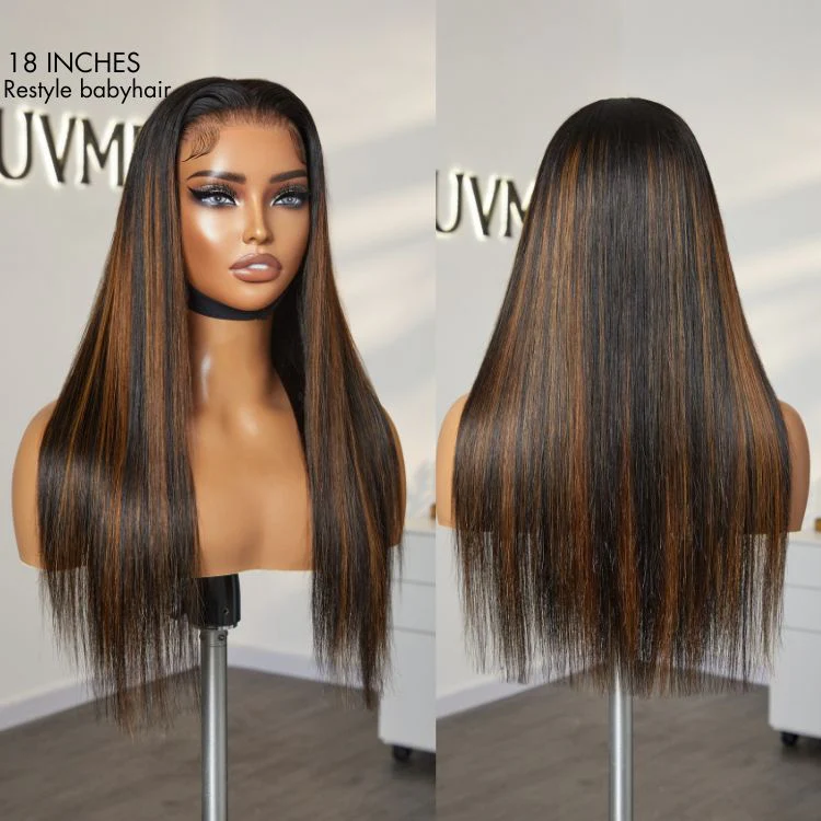 PreMax Wigs | Ultra Natural Hairline Brown Highlight Silky Straight Glueless 13x4 Frontal Lace Long Wig Pre-Cut Lace - Image 8