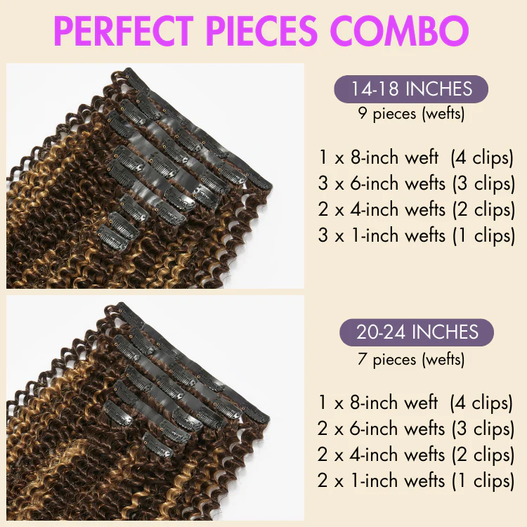 Seamless Brown Highlights Kinky Curly Clip in Hair Extensions 135g 9pcs / 7pcs with Free Gift - Image 3