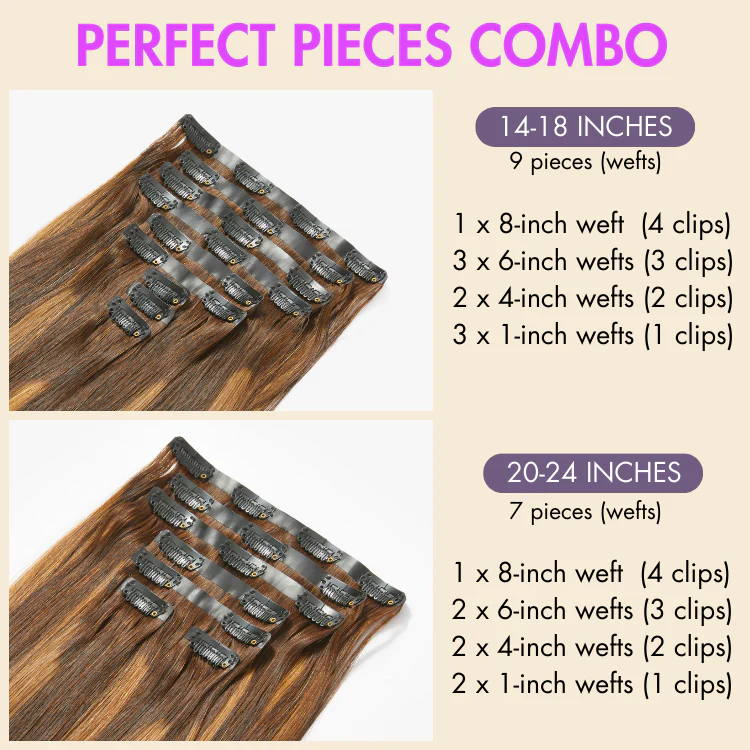 Seamless Brown Highlights Silky Straight Clip in Hair Extensions 135g 9pcs / 7pcs with Free Gift - Image 3