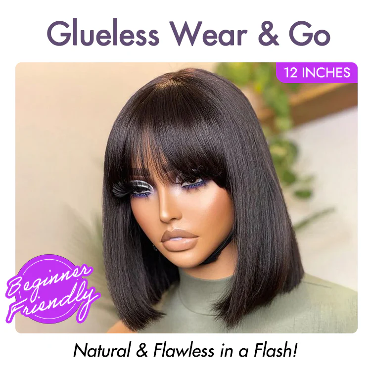 Tiktok Exclusive Deal | Put On and Go Realistic Glueless Yaki Straight Bob with Bangs Minimalist Lace Wig 100% Human Hair - Image 14