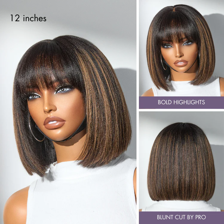 Tiktok Exclusive Deal | Put On and Go Realistic Glueless Yaki Straight Bob with Bangs Minimalist Lace Wig 100% Human Hair - Image 4