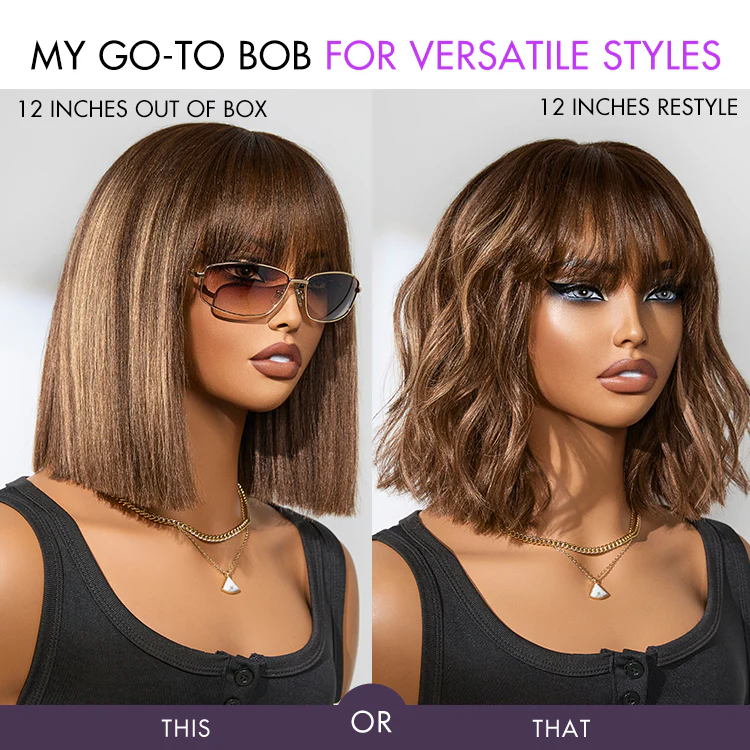 Tiktok Exclusive Deal | Put On and Go Realistic Glueless Yaki Straight Bob with Bangs Minimalist Lace Wig 100% Human Hair - Image 8